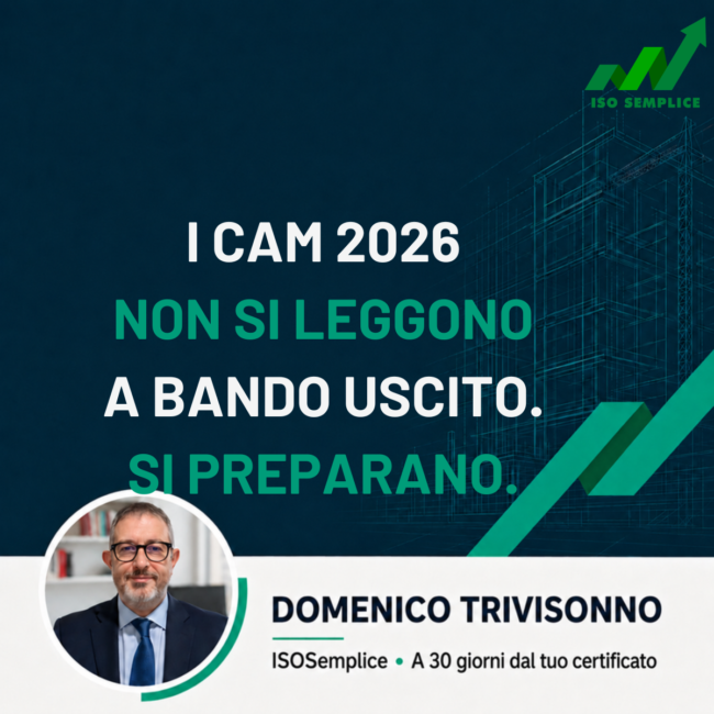 Grafica di cantiere con testo sui CAM Edilizia 2026 e la certificazione ambientale per le gare