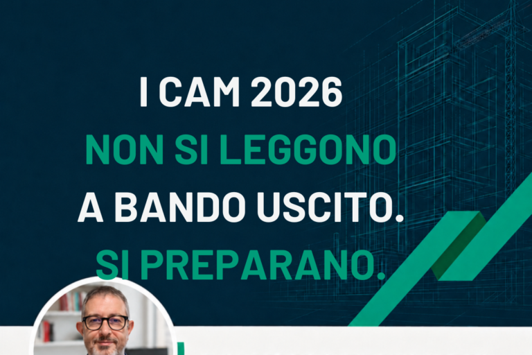 Grafica di cantiere con testo sui CAM Edilizia 2026 e la certificazione ambientale per le gare